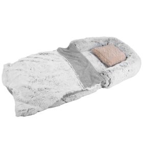 1Pc Large Foldable Human Size Dog Bed With Pillow Blanket Flurry Plush Napping Human-Sized Dog Bed Machine Washable Zipped Removable Cover For Pets Ki (Color: Grey)